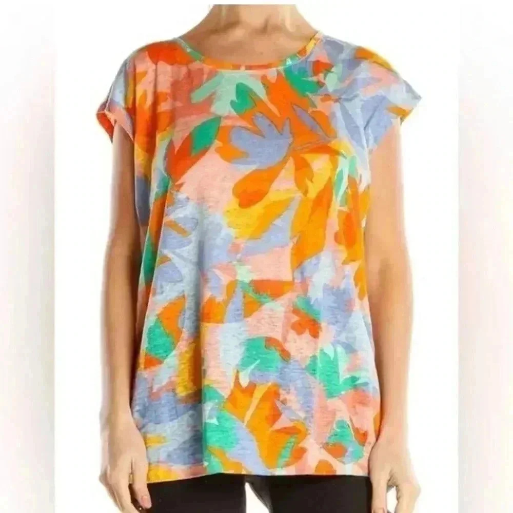 Joie Multicolor Floral Print Tee — Orange, Green, Blue